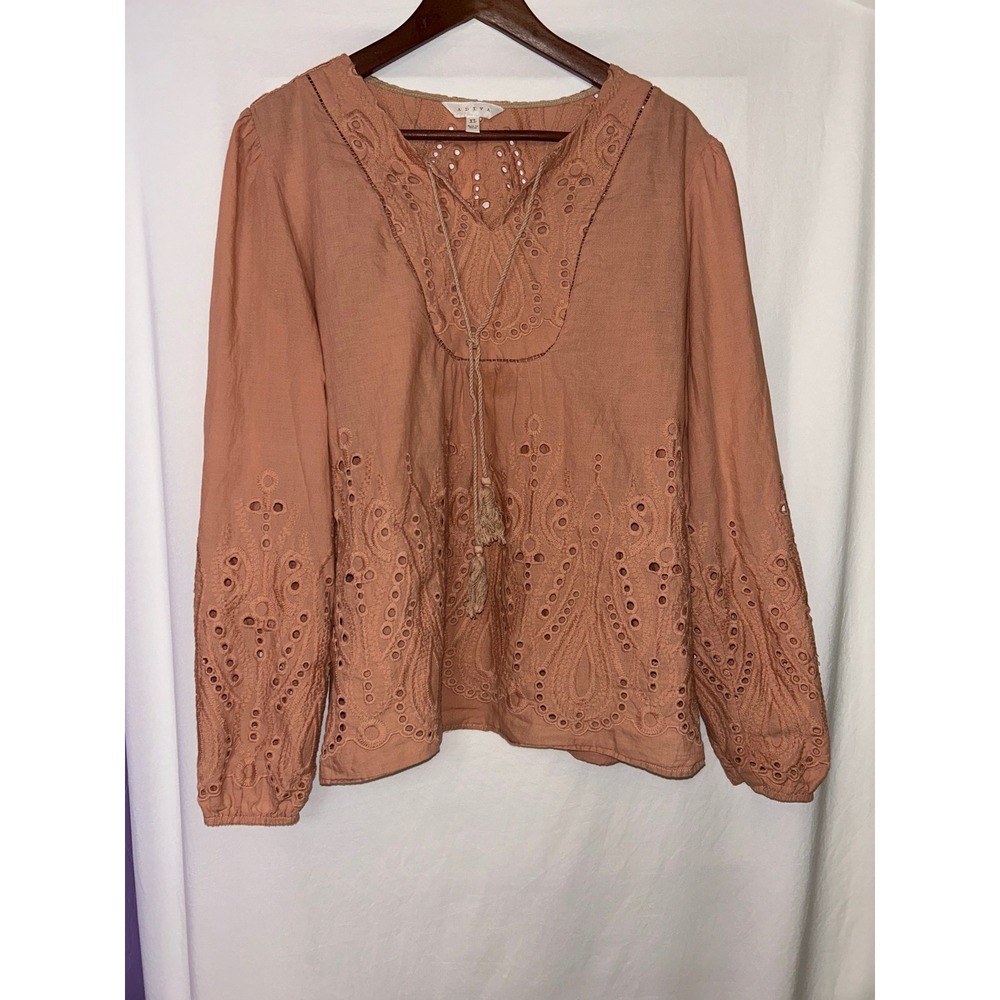Adiva Women's XL Top Blouse Long Sleeve Eyelet‎ Embroidered Boho Casual
